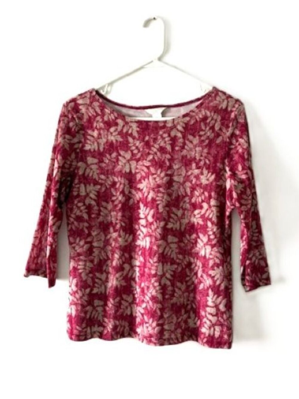 Christopher & Banks Red Shirt with Tan Leaf Pattern - Fully Lined, 3/4 Sleeves